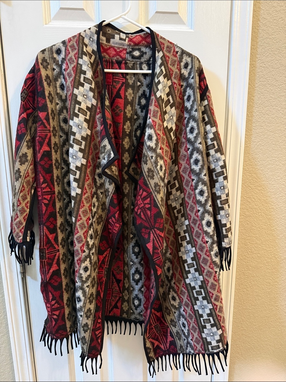 Women's Red Geometric Fringe Open-Front Blanket Coat fits like a m